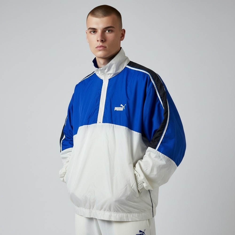 Vintage Puma Quarter Zip Windbreaker Jacket Blue White Black Ripstop Mens L